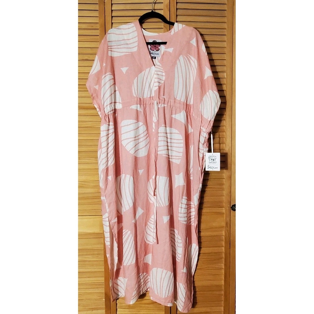 NWT Lesley Evers Tegan Caftan Woodpile Midi Dress Medium Pink Blush & White